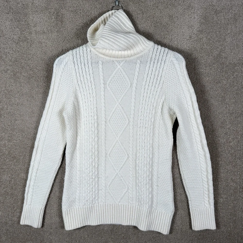 L.L. Bean Sweater Womens XS‎ Ivory Cable Knit Turtleneck Merino Wool Chunky
